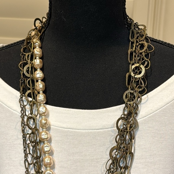 Long multi strand chain faux pearl statement necklace - Picture 5 of 8